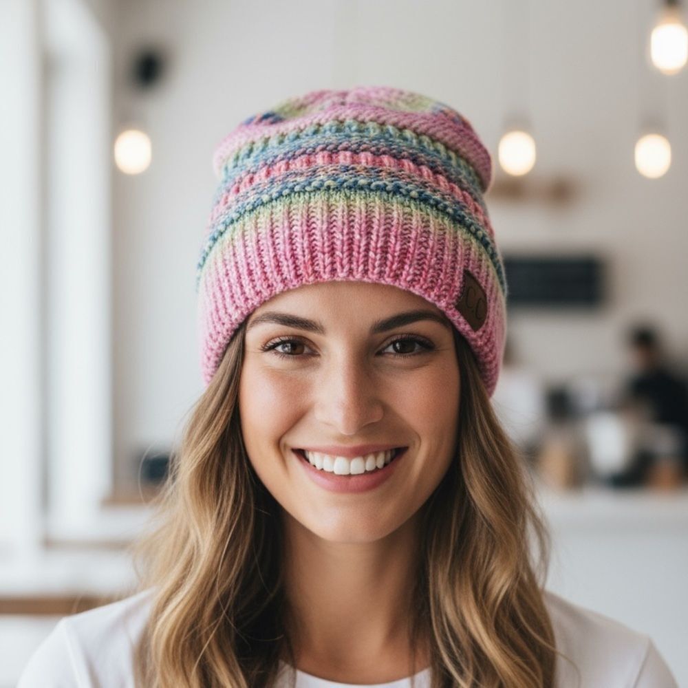 C.C Knit Pink, Blue & Green Striped Beanie Hat